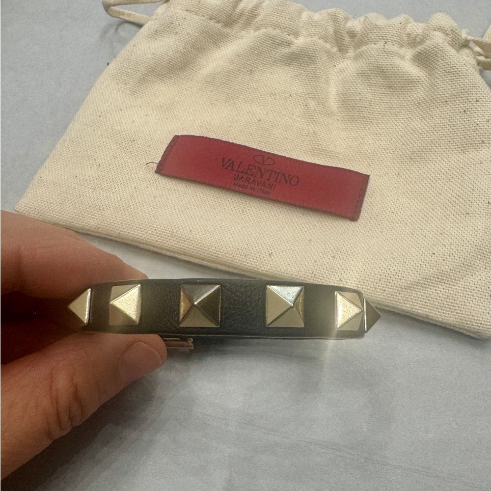 Valentino Black Leather Bracelet with Gold Pyramid Studs